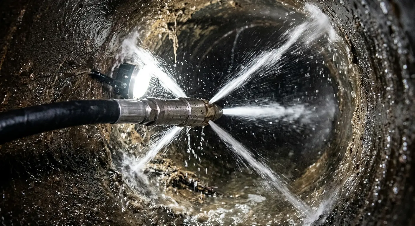 High-pressure hydro jetting nozzle cleaning sewer pipe for Storm Drain Cleaning in Poplar Grove