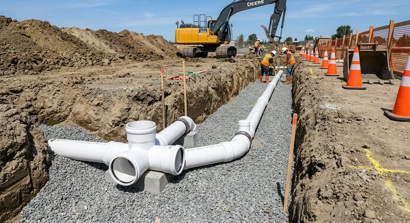 New PVC sewer pipe installation in open trench for Grease Trap Cleaning in Poplar Grove