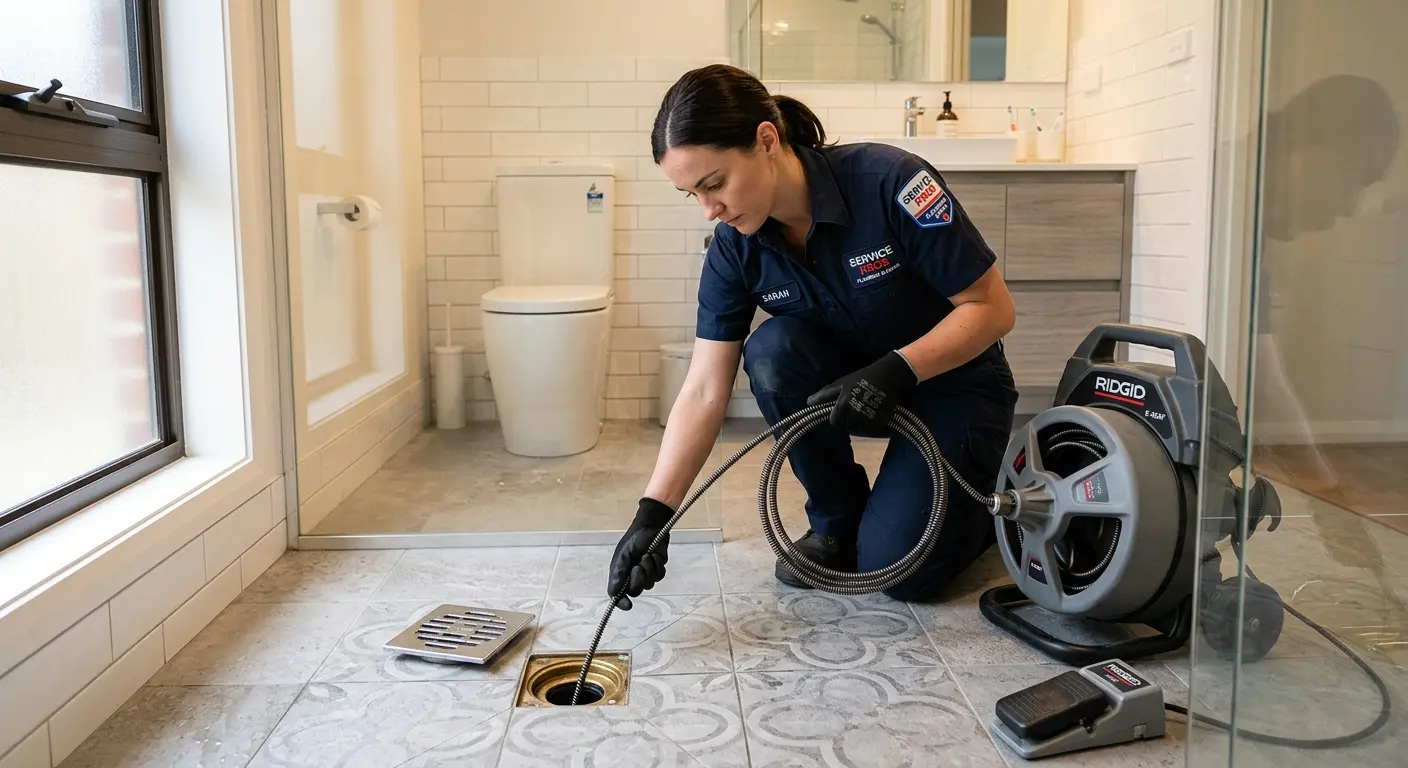 Technician clearing a bathroom floor drain for Drain Repair in Poplar Grove